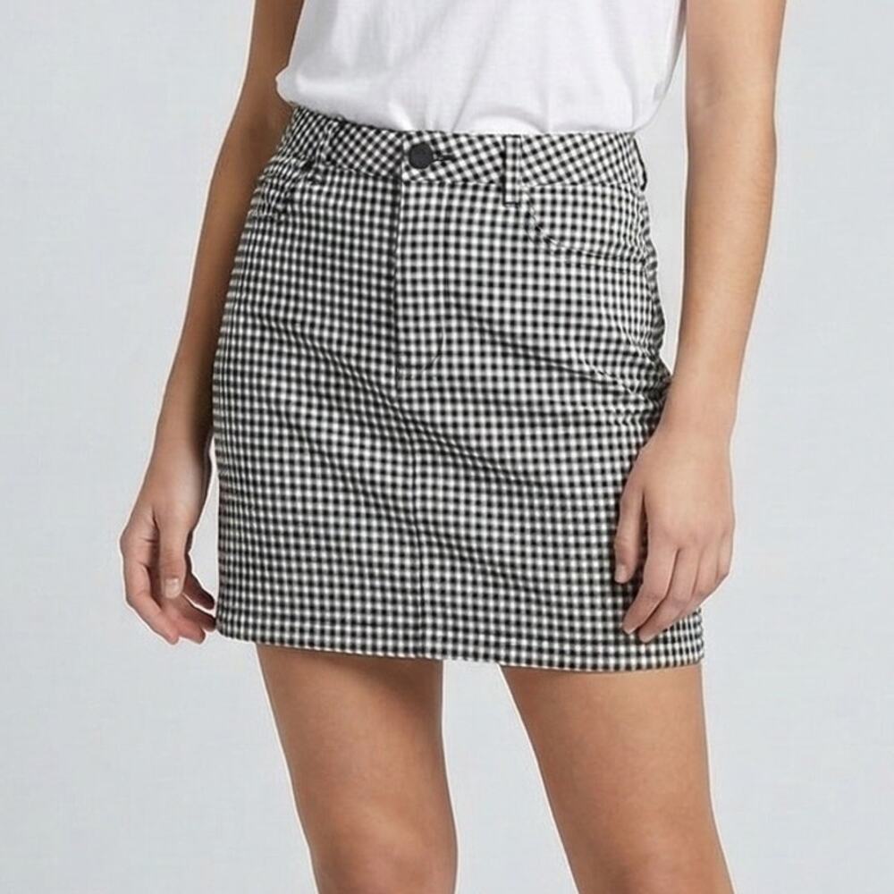 Forever 21 Womens Small Pencil Skirt Black White Check Zipper Button Pockets